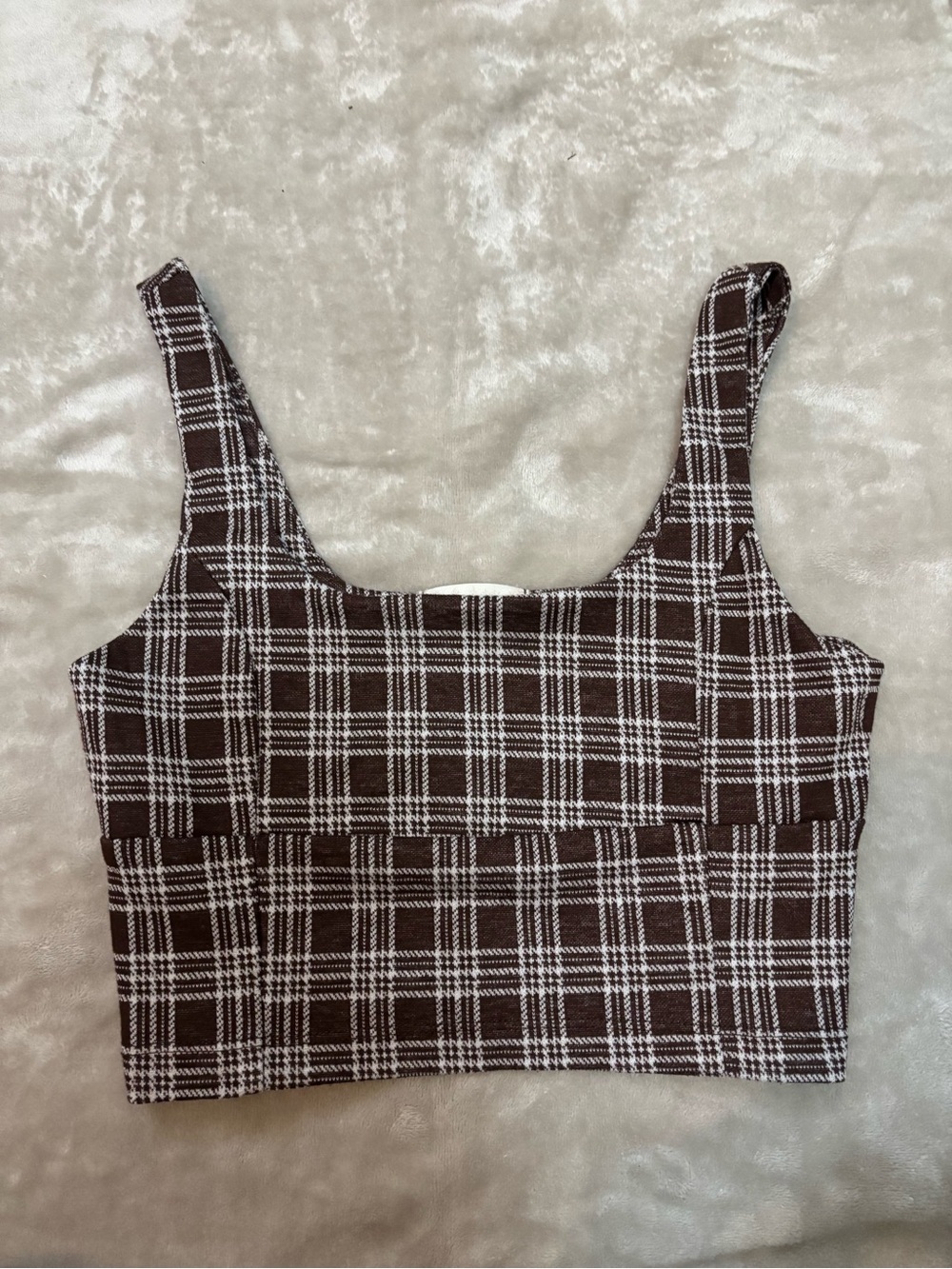Plaid Square-Neck Cropped Tank Top in Brown and White
